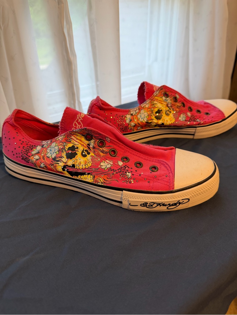 Ed Hardy Hot Pink Skull & Floral Slip-On Sneakers